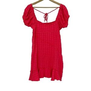 Free People Hot Pink Puff Sleeve Ruffle Mini Dress Size Large